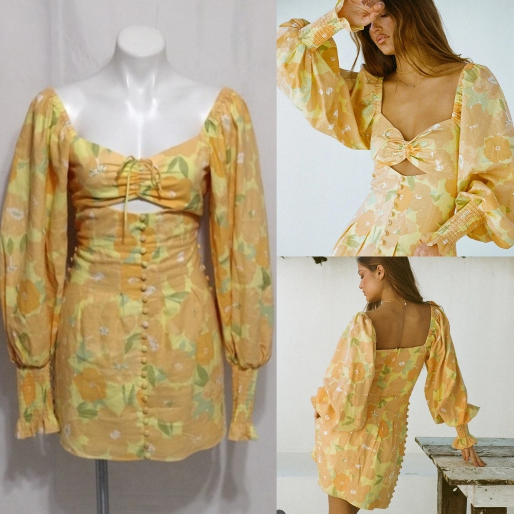 Sabo Zayda Mini Dress XS Puff Sleeve Cutout Floral Linen Cotton Summer Dress